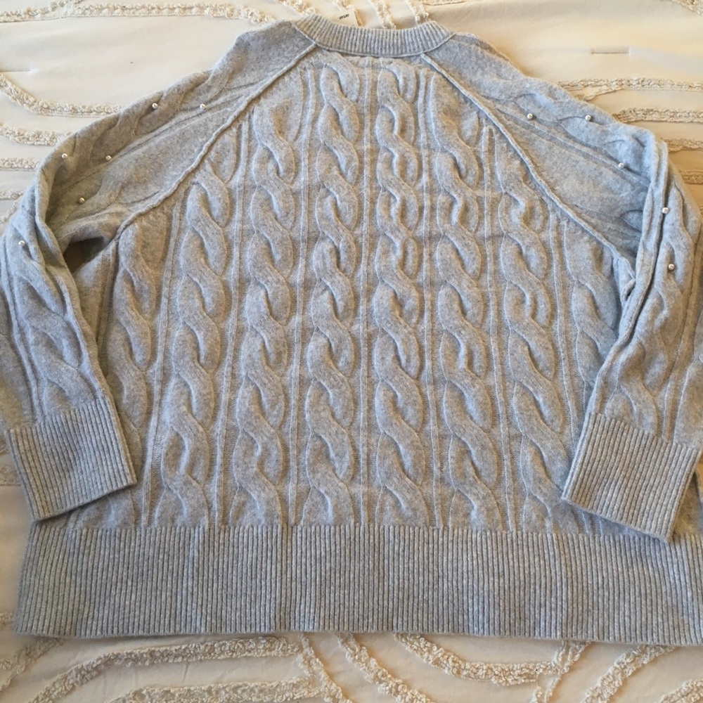 aerie Light Gray Pearl-Embellished Cable Knit Crewneck Sweater M - Picture 8 of 9